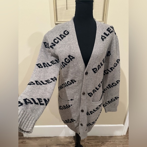 Authentic Balenciaga All Over Logo Cardigan. Grey. Size Small - Picture 3 of 4